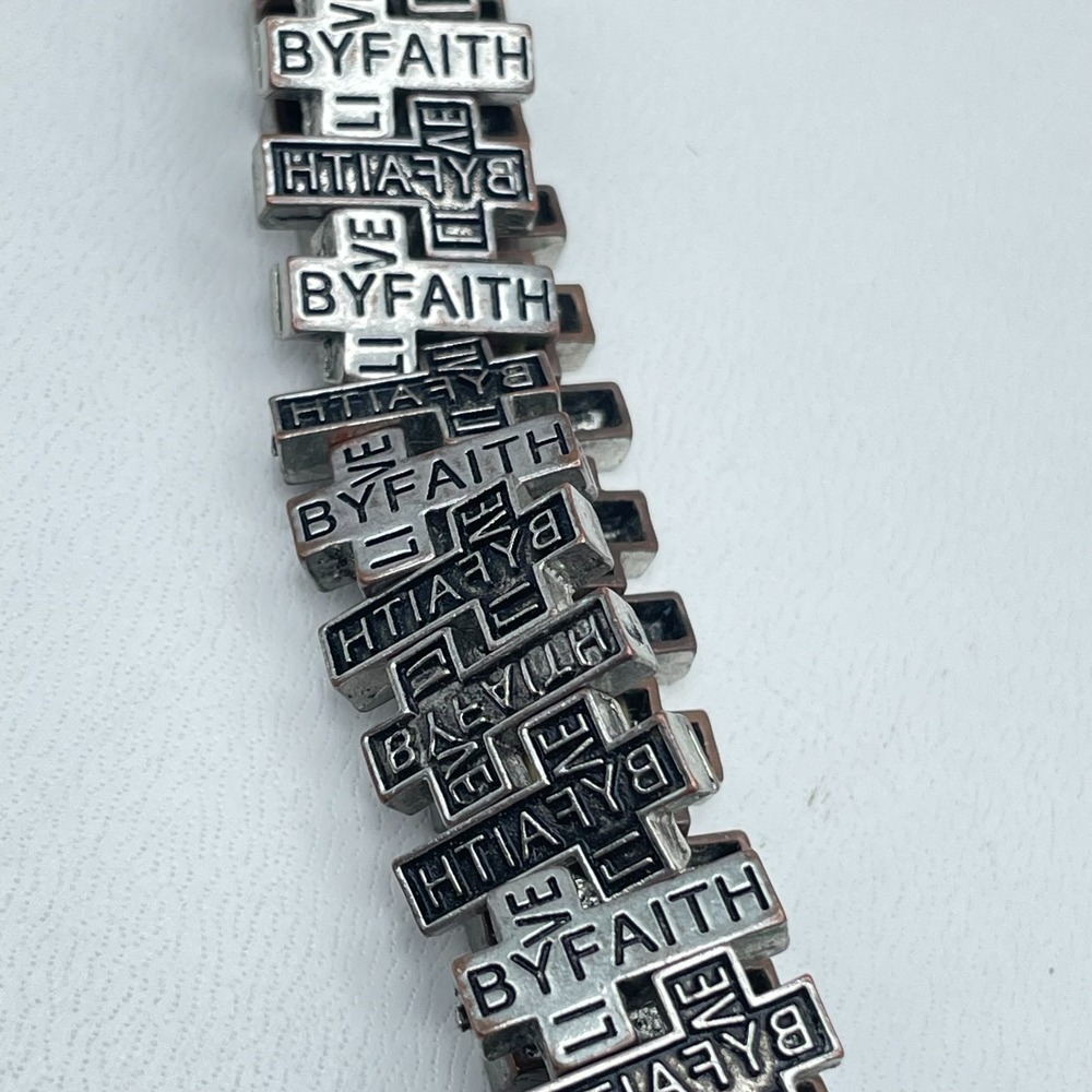 Christian Scripture Religious Silver-Tone "Live by Faith" Cross Bracelet Gift
